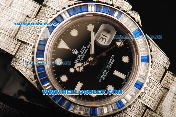 Rolex GMT-Master II Swiss ETA 2836 Automatic Movement Black Dial with White Markers and Diamond Bezel/Diamond Strap - Click Image to Close